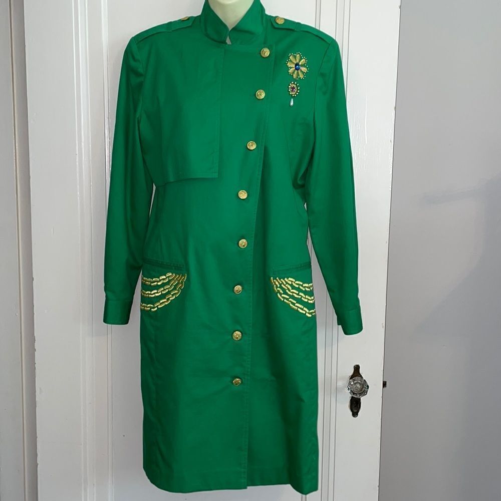 Vintage‎ 80s Linda Lewis green cotton military style long jacket or coat dress